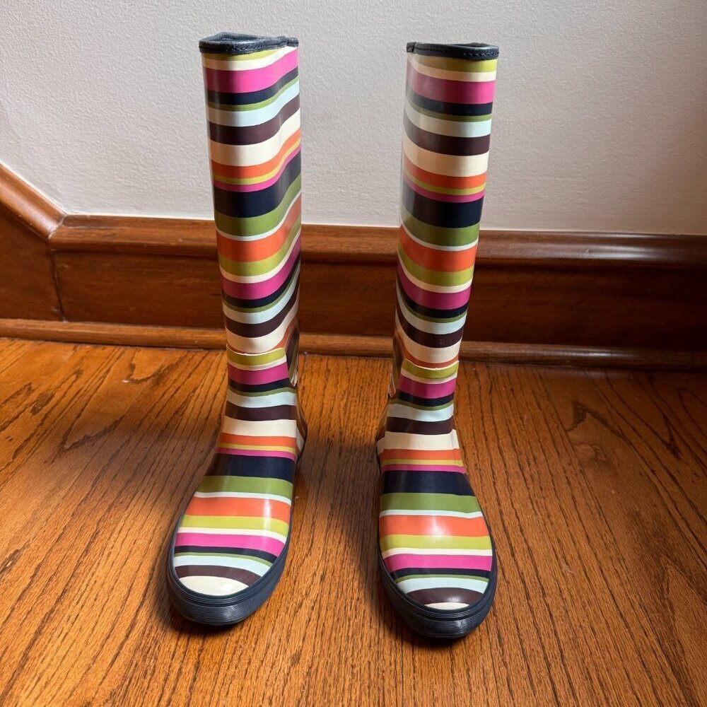 COACH Womens Pammie Rain Boots Size 6B Colorful Stripes Rubber Mid Calf Slip On - Picture 2 of 10
